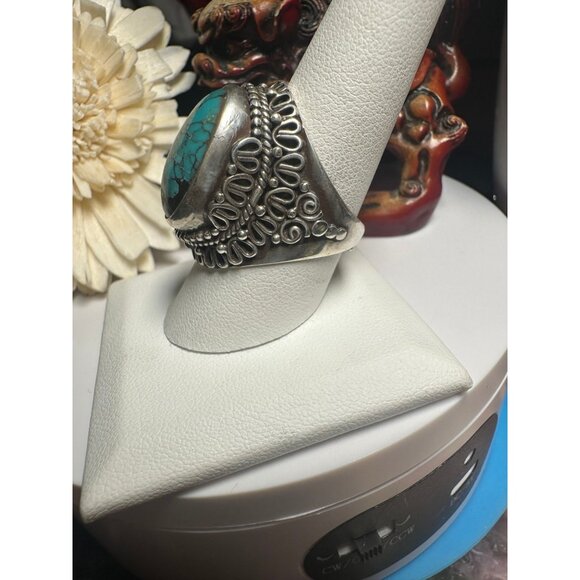 Sterling Silver Turquoise Oval Ring - ADJUSTABLE - Picture 3 of 7